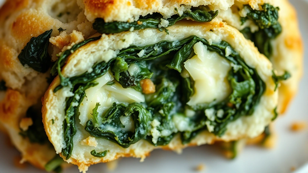 detail: close-up cross-section of a freshly baked spinach ball showing the tender spinach interior with visible cheese and breadcrumb texture, photorealistic, natural light, no text