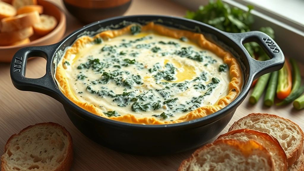 hero: Creamy spinach dip in a rustic cast iron skillet, golden bubbly edges, surrounded by crusty bread slices and fresh vegetables on a light wood table, photorealistic, natural window light, no text