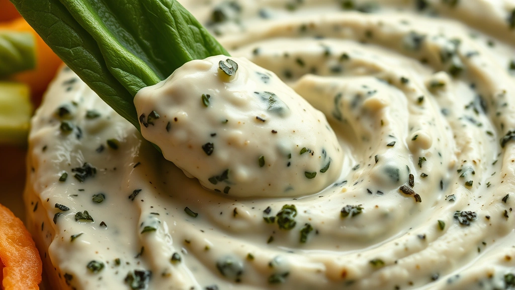 detail: Close-up of creamy spinach dip with a fresh vegetable being dipped in, showing creamy texture and herbs, photorealistic, warm natural light, no text
