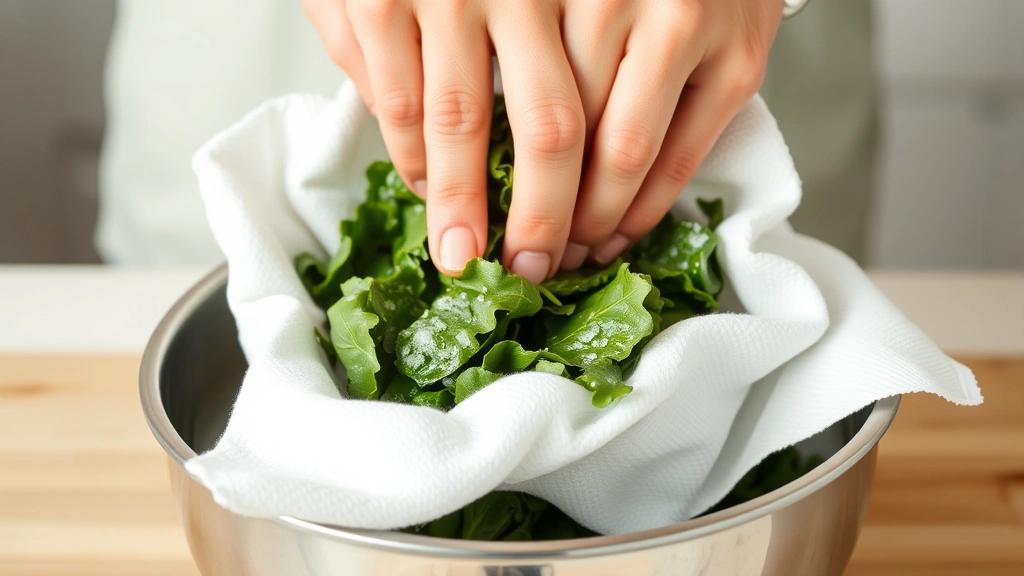 process: hand squeezing frozen spinach in white kitchen towel over stainless steel bowl, close-up action shot, natural daylight, no text, detailed motion capture