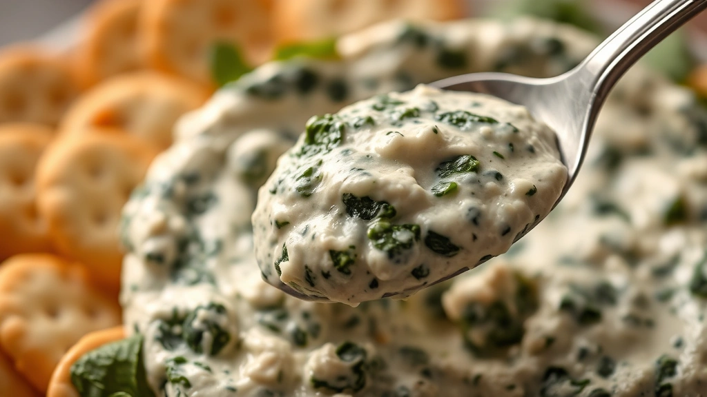 detail: creamy spinach dip close-up showing texture and fresh spinach pieces, spoon dipped in dip, soft focus background with crackers, macro photography style, warm natural light