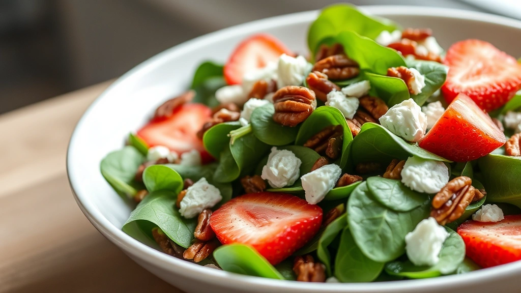 hero: vibrant fresh spinach strawberry salad with candied pecans and goat cheese crumbles in a white bowl, natural window light, no text, appetizing presentation