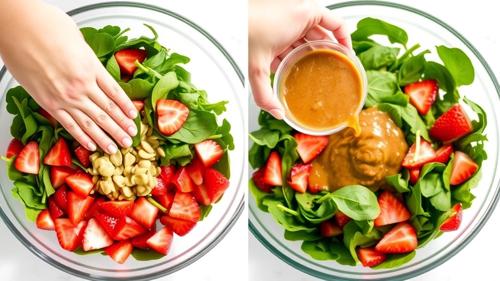 process: hands tossing fresh spinach with strawberry slices and dressing in a large glass bowl, natural sunlight, no text, showing preparation