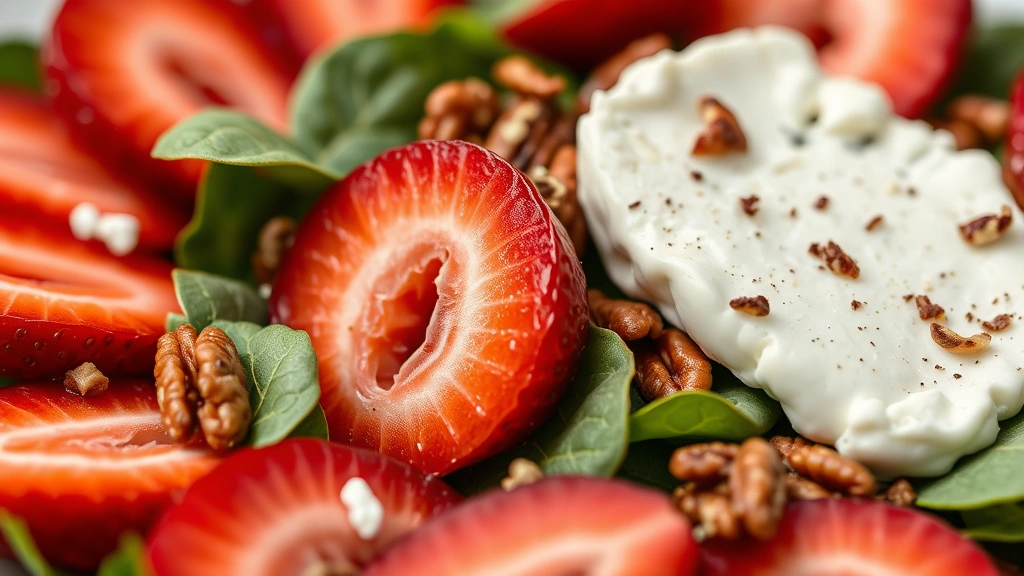 detail: close-up of sliced fresh strawberries with candied pecans and creamy goat cheese on bed of spinach, macro photography, natural light, no text