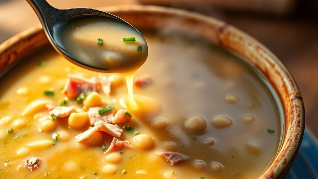 hero: steaming bowl of creamy split pea soup with shredded ham and fresh herbs, ladle dripping soup, warm lighting, ceramic bowl, no text