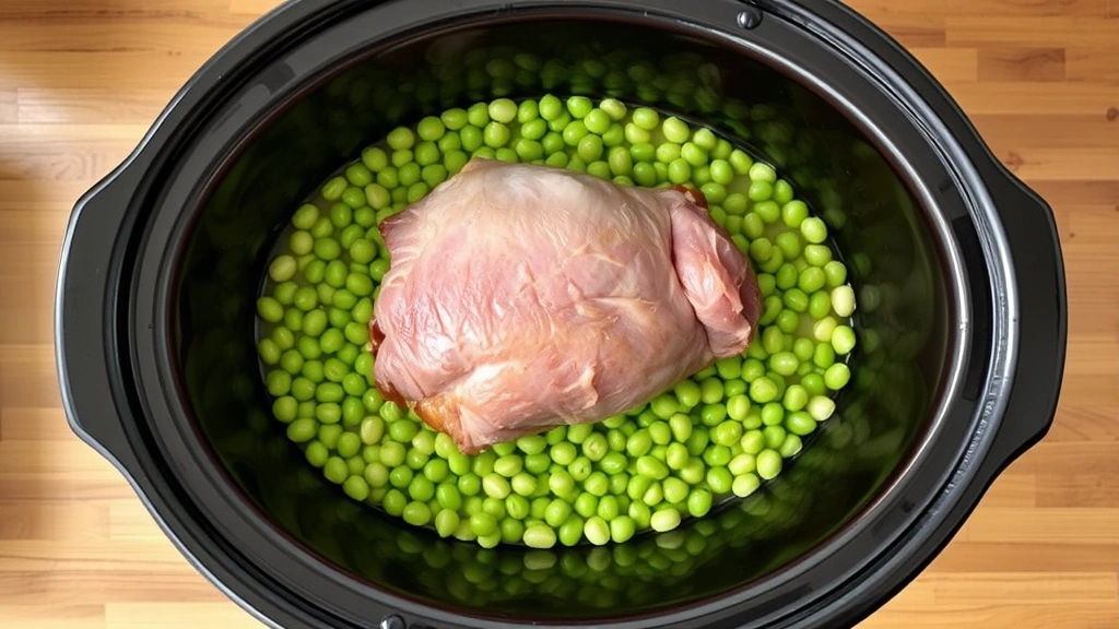 process: crock pot filled with ingredients before cooking, split peas visible, ham hock on top, overhead shot, natural kitchen light, no text