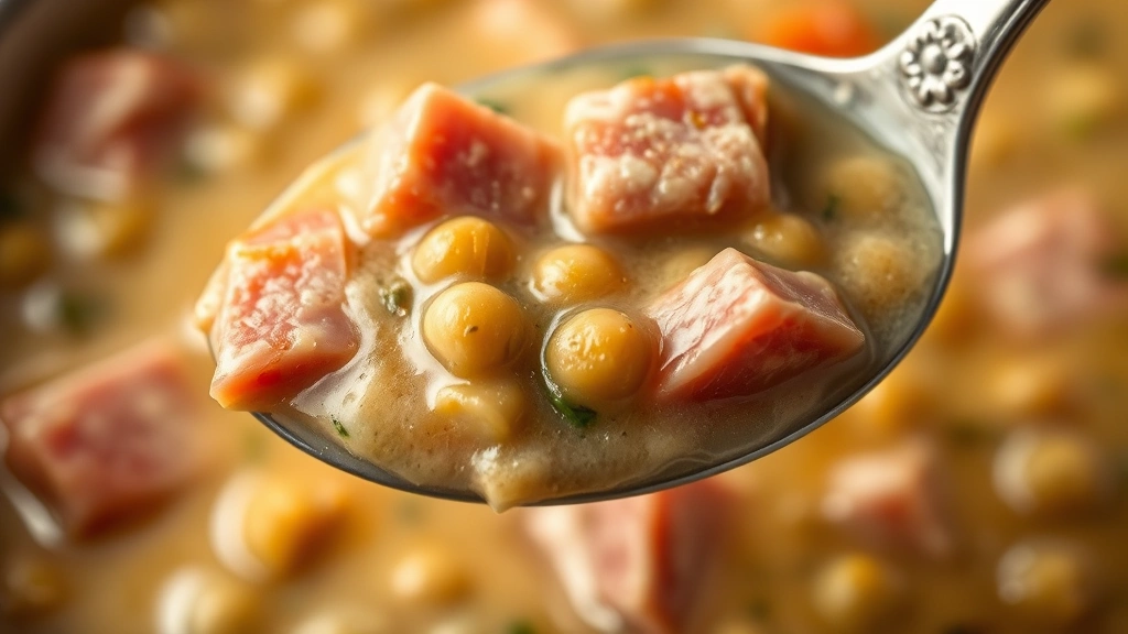 detail: close-up spoonful of thick creamy split pea soup with visible ham pieces and vegetables, steam rising, shallow depth of field, no text