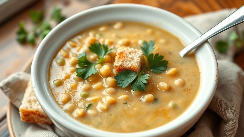hero: steaming bowl of creamy split pea soup garnished with fresh parsley and croutons, photorealistic, warm natural light, no text