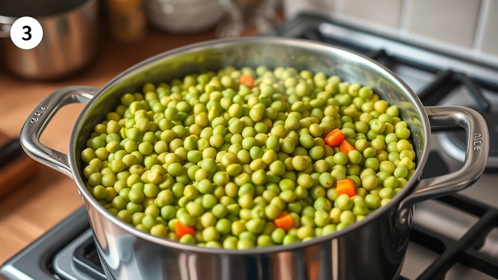 process: cooking split peas with vegetables in large pot on stovetop, photorealistic, kitchen natural light, no text