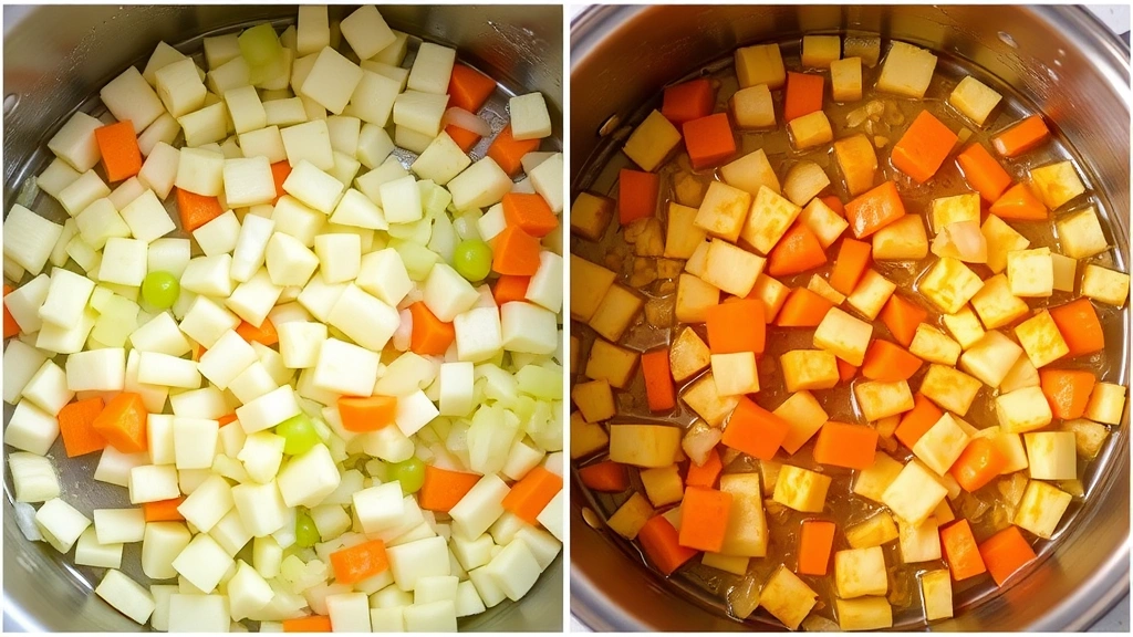process: sautéing diced onions, carrots, and celery in butter in a large pot, golden and fragrant, photorealistic, natural light, no text