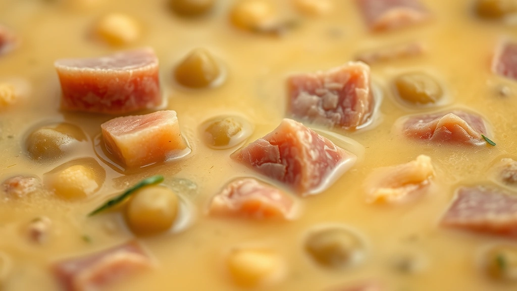 detail: close-up of creamy split pea soup texture with visible ham chunks and vegetables, shallow depth of field, photorealistic, natural light, no text