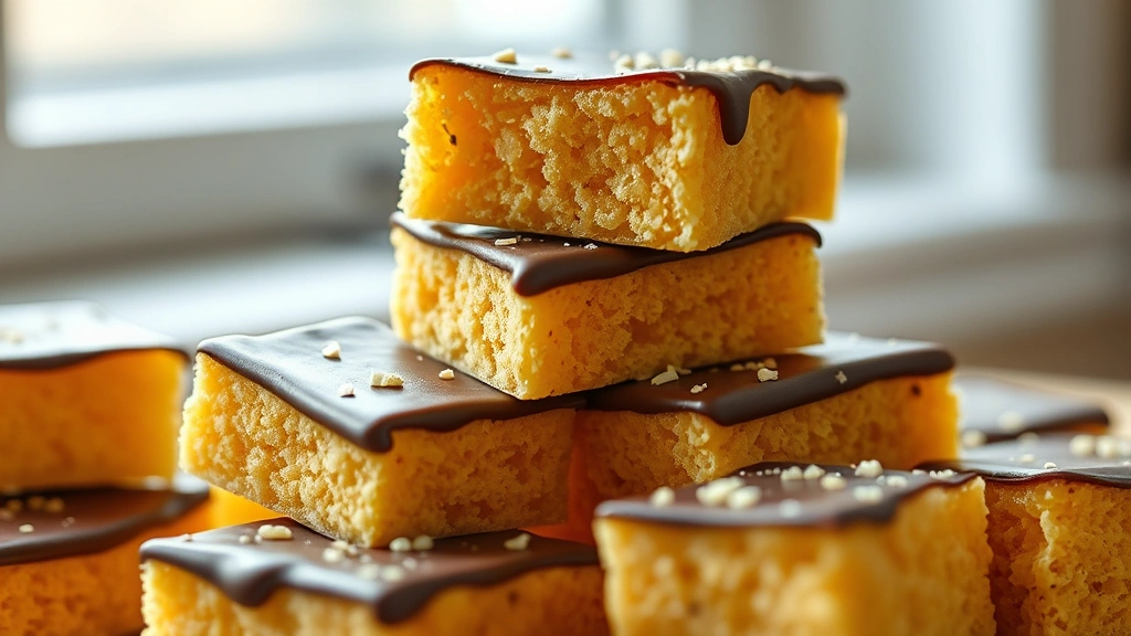 hero: golden honeycomb sponge candy pieces stacked together with dark chocolate coating, photorealistic, natural window light, no text, close enough to see honeycomb texture detail