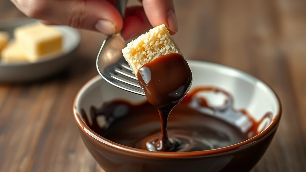 process: hand dipping piece of sponge candy into melted dark chocolate with fork, photorealistic, natural light, no text, chocolate dripping back into bowl