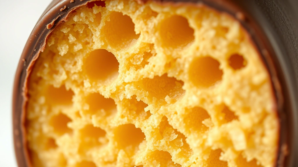 detail: close-up cross-section of sponge candy showing delicate honeycomb interior structure with chocolate shell, photorealistic, natural light, no text, sharp focus on texture