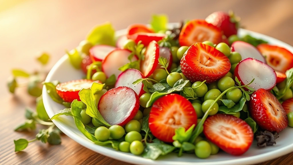 hero: vibrant spring salad with mixed greens, strawberries, radishes, and peas on white plate, fresh herbs scattered on top, golden hour natural light from left side, shallow depth of field, no text or watermarks