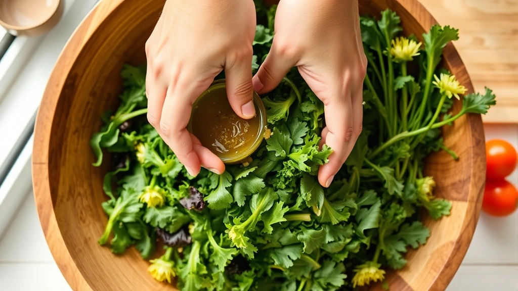 process: hands tossing fresh greens with vinaigrette in wooden bowl, spring vegetables visible, bright natural window light, overhead angle, no text or watermarks