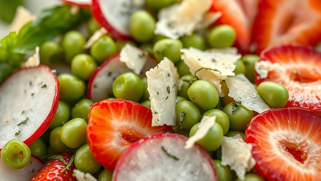 detail: close-up of salad showing texture of crisp radish slices, fresh peas, strawberry halves, and Parmesan shavings with herb garnish, soft natural diffused light, macro photography style, no text or watermarks