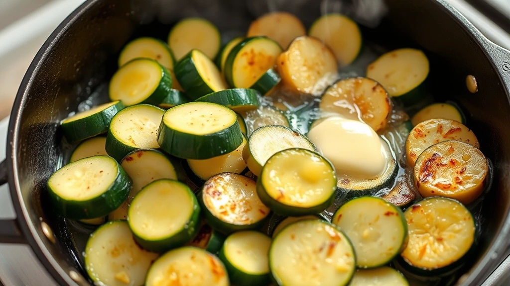 process: sliced zucchini and summer squash cooking in cast iron skillet with butter, golden brown caramelization visible, steam rising, natural daylight, 45-degree angle photography