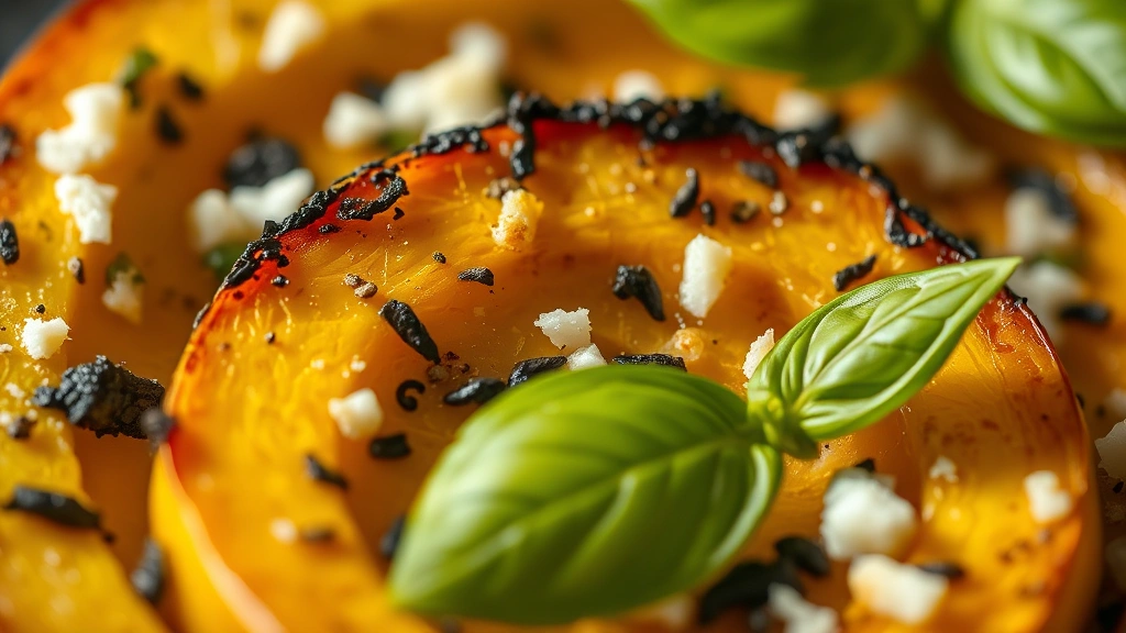 detail: close-up macro of cooked squash slice with herb garnish and Parmesan cheese, golden edges crispy, fresh basil leaf, natural soft lighting, extreme shallow depth of field