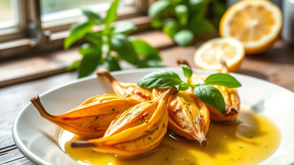 hero: golden pan-seared squash blossoms on a white ceramic plate, glistening herb butter sauce, fresh basil and lemon, natural window light, soft shadows, rustic farmhouse setting