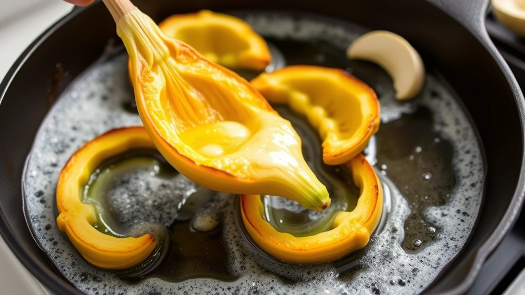 process: close-up of squash blossoms being gently flipped in a cast-iron skillet with foaming butter, golden sear marks visible, garlic slices blurred in background, natural daylight