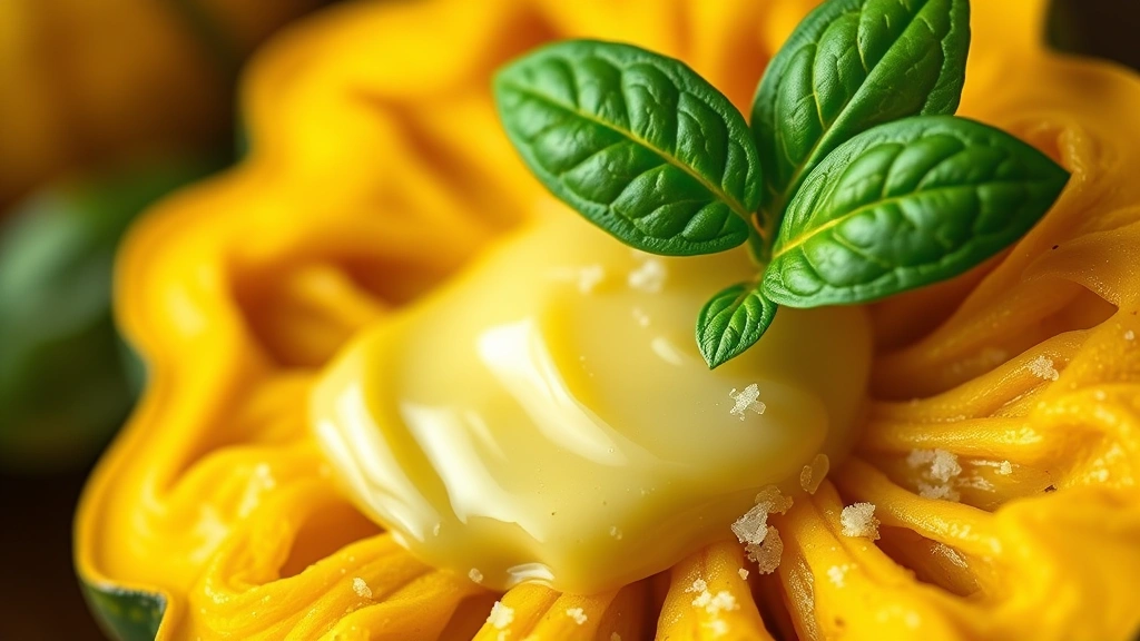 detail: macro shot of single squash blossom with herb butter pooling in center, fresh basil leaf, lemon zest sprinkle, fleur de sel crystals, shallow depth of field, warm natural lighting