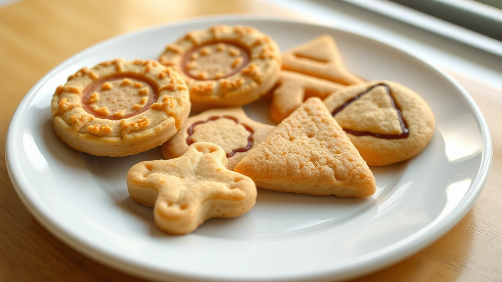 hero: finished squid game cookies with circle and triangle shapes on white plate, golden honeycomb texture visible, natural window light, shallow depth of field
