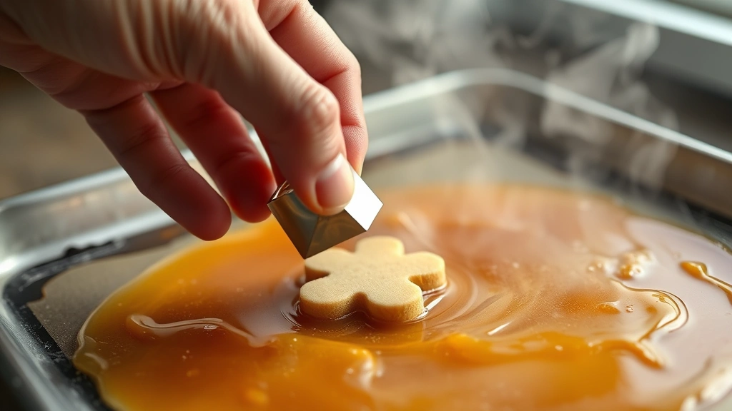 process: hand pressing cookie cutter into warm amber candy mixture on baking sheet, steam visible, close angle shot, natural lighting
