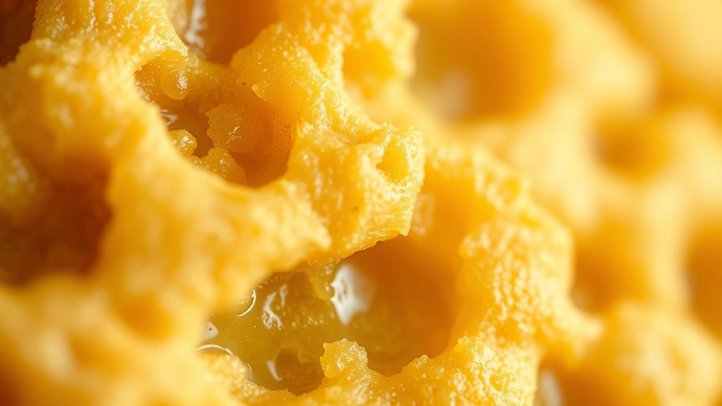 detail: close-up macro of single cookie showing intricate honeycomb bubble structure, golden translucent color, soft natural light, extreme shallow focus