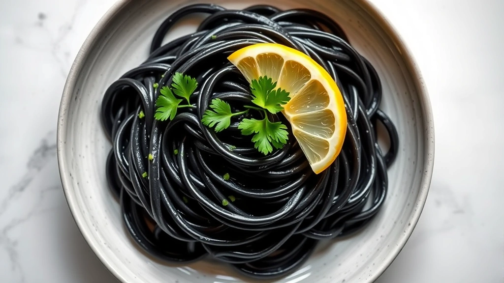 hero: stunning plate of glossy black squid ink fettuccine with fresh parsley garnish and lemon, photographed from directly above with natural window light, white marble table, no text visible