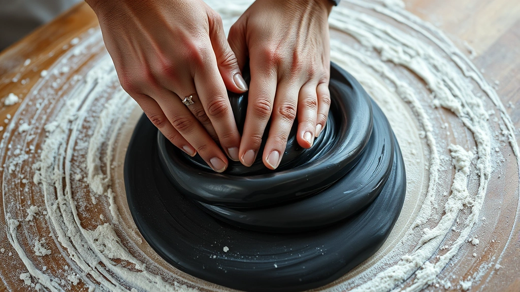 process: hands kneading smooth black squid ink pasta dough on floured work surface, close-up side angle showing texture and technique, natural soft lighting, no text visible