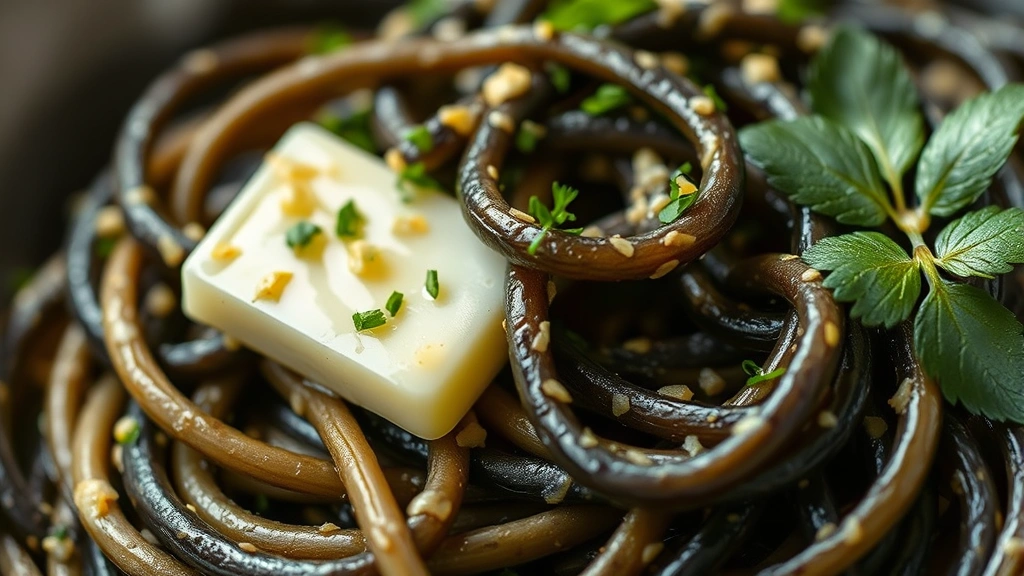 detail: close-up macro shot of cooked squid ink pasta noodles glistening with butter and sauce, shallow depth of field with fresh herbs, natural diffused light, no text visible