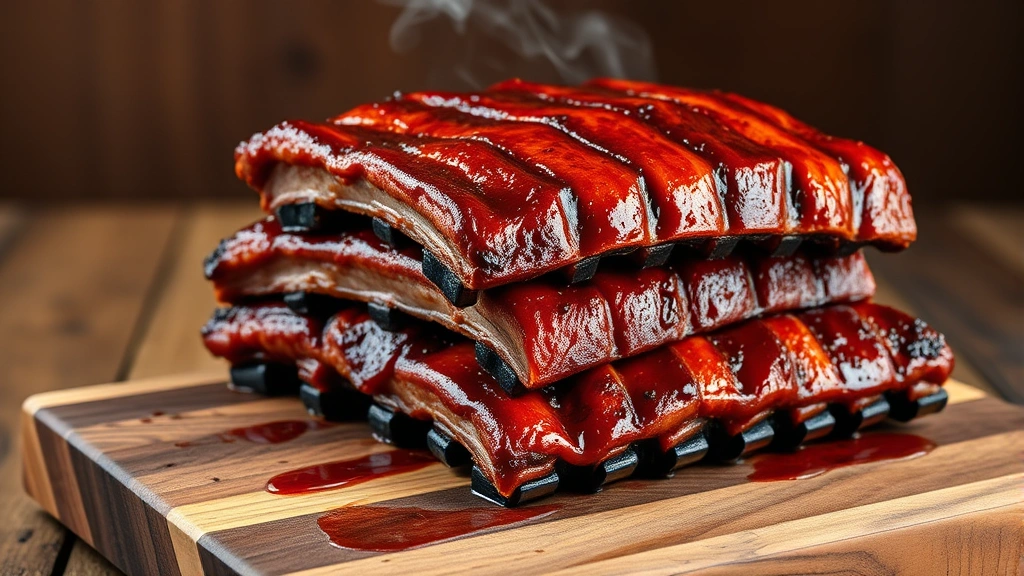 hero: perfectly glazed St. Louis ribs stacked on wooden cutting board, mahogany caramelized surface, smoke wisping, rustic wooden table background, warm natural sunlight, photorealistic