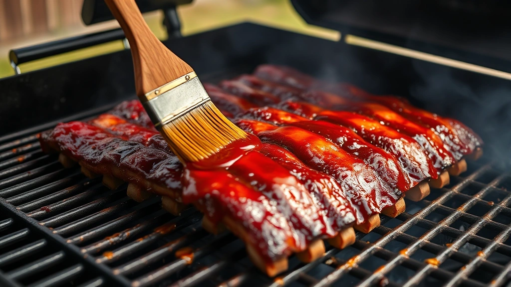 process: ribs being brushed with amber glaze on smoker grate, thick sticky coating application, smoke visible, outdoor smoking setup, natural afternoon light, photorealistic