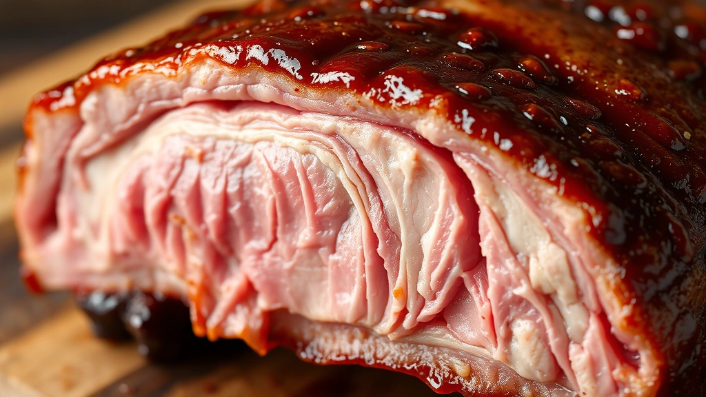 detail: close-up cross-section of single rib showing tender pink meat pulling from bone, glossy caramelized glaze layer, natural lighting highlighting texture, photorealistic
