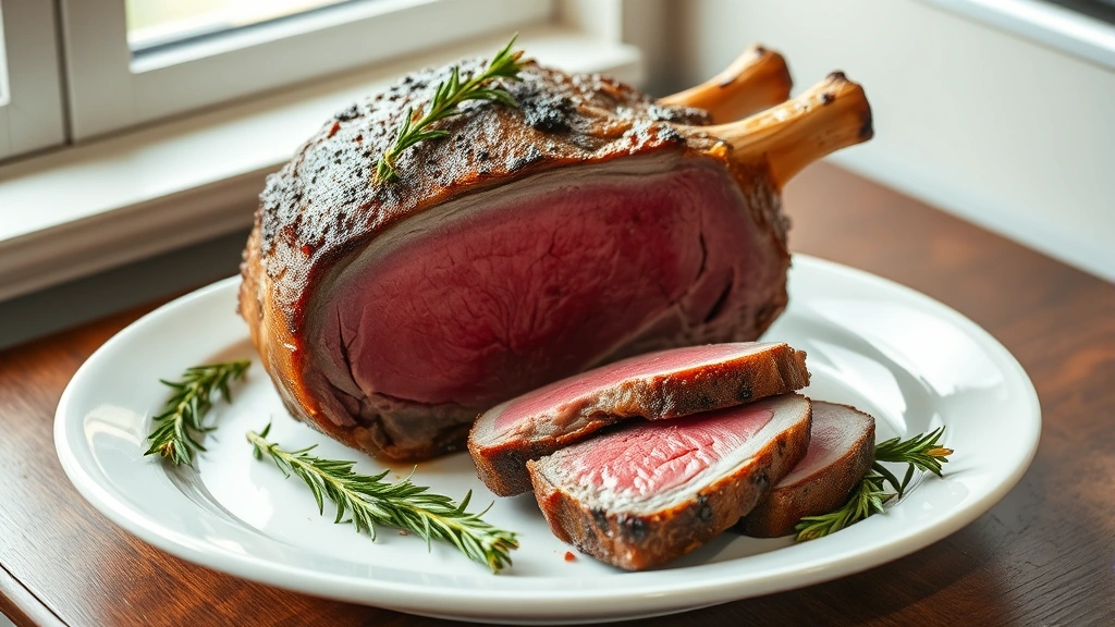 hero: perfectly cooked standing rib roast on white serving platter with fresh rosemary garnish, medium-rare pink center visible in carved slices, golden brown crust, photorealistic, natural daylight window lighting, no text