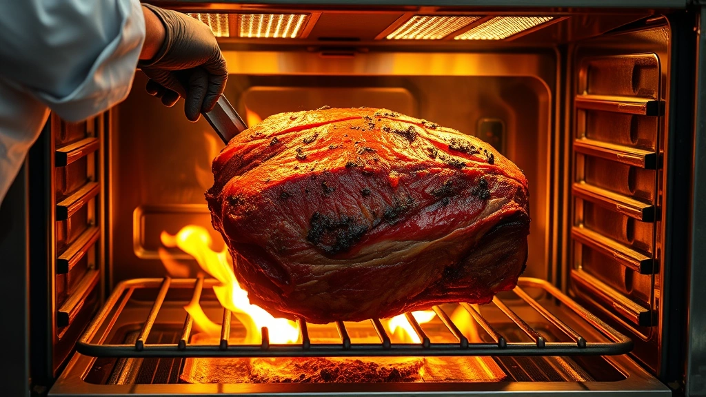 process: chef searing standing rib roast in hot oven with flames visible, rich brown crust developing, professional kitchen setting, photorealistic, warm tungsten lighting, no text