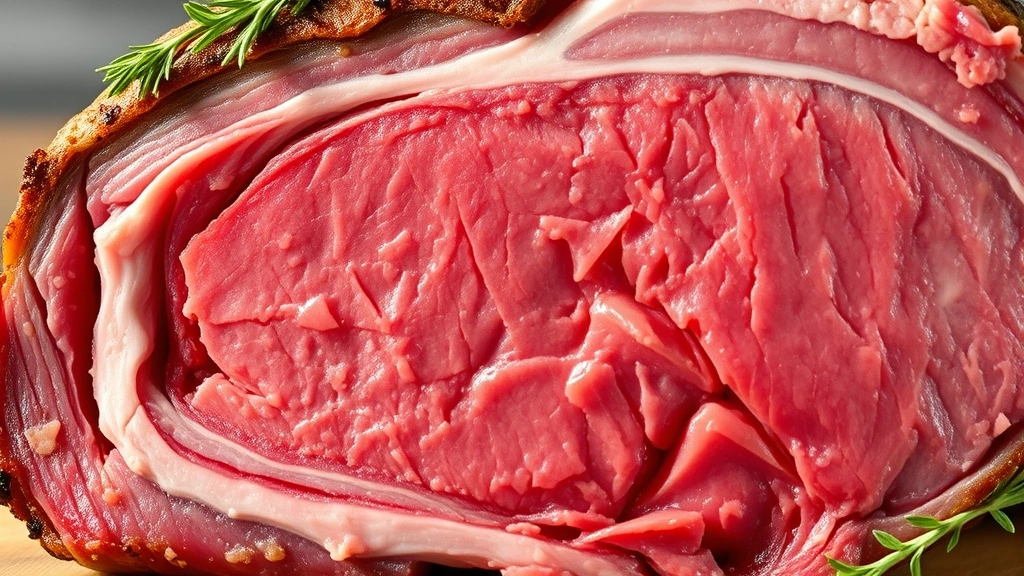detail: close-up cross-section of carved standing rib roast showing perfect medium-rare pink center with juicy texture, golden crust edge, herb garnish, photorealistic, macro natural lighting, no text