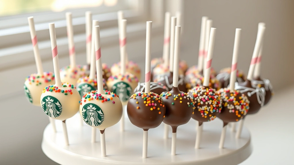 hero: beautiful array of finished Starbucks-style cake pops in white and dark chocolate coating with colorful sprinkles on top, arranged on white cake pop stand, photorealistic, natural window light, no text