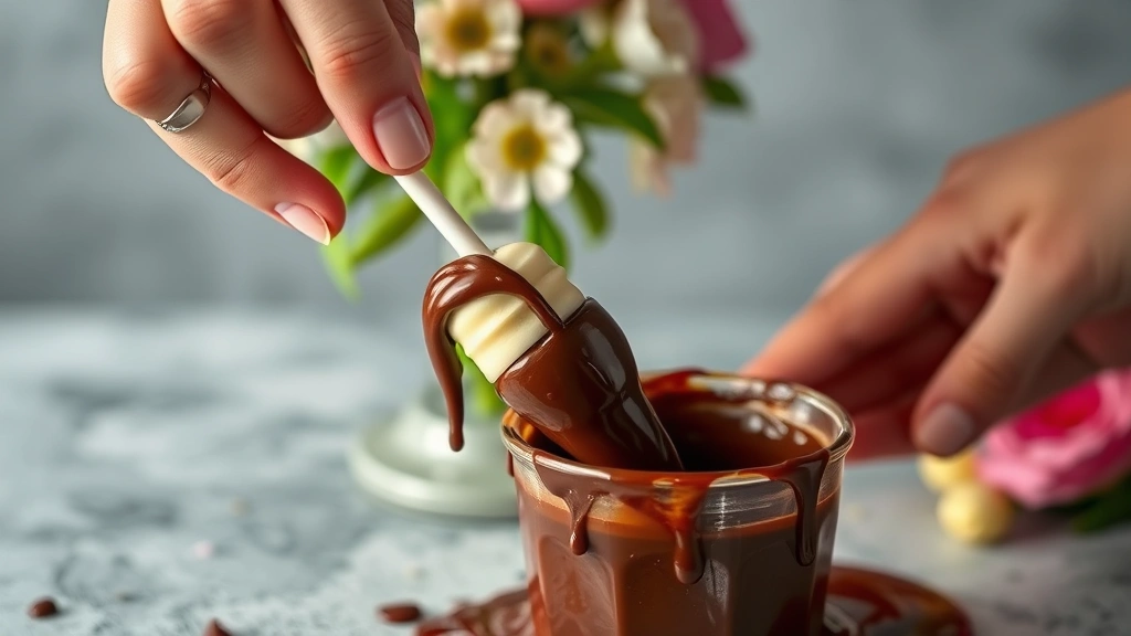 process: hands dipping a cake pop into melted chocolate coating with excess dripping, floral foam stand in background, photorealistic, natural light, no text