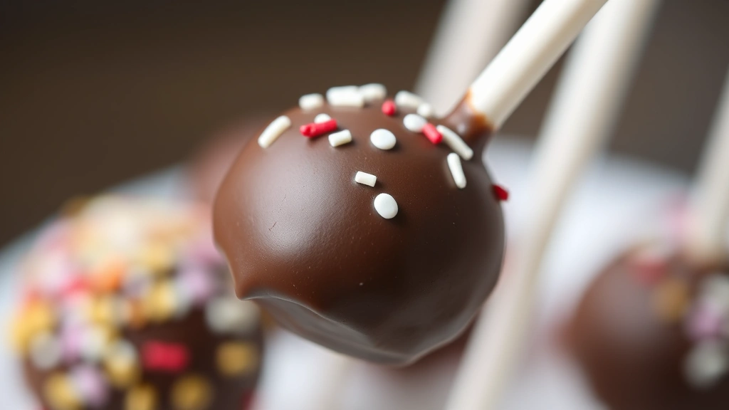 detail: close-up of single finished cake pop showing smooth chocolate coating with sprinkles, macro photography style, photorealistic, natural light, no text