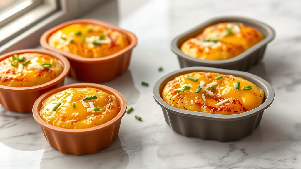 hero: golden-brown Starbucks-style egg bites in silicone molds garnished with fresh chives and cheese, photorealistic, natural window light from the left, no text or watermarks, styled on a light gray marble surface