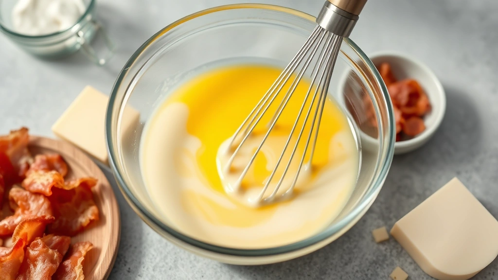 process: whisking eggs and cream in a clear glass bowl with bacon and cheese nearby, photorealistic, warm natural light, no text, shallow depth of field focused on the whisking action