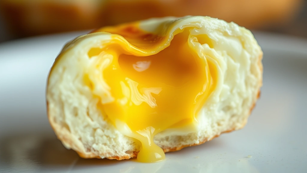 detail: close-up cross-section of a single creamy egg bite showing the custardy interior and melted cheese, photorealistic, macro photography with natural light, no text, showing the texture and creaminess