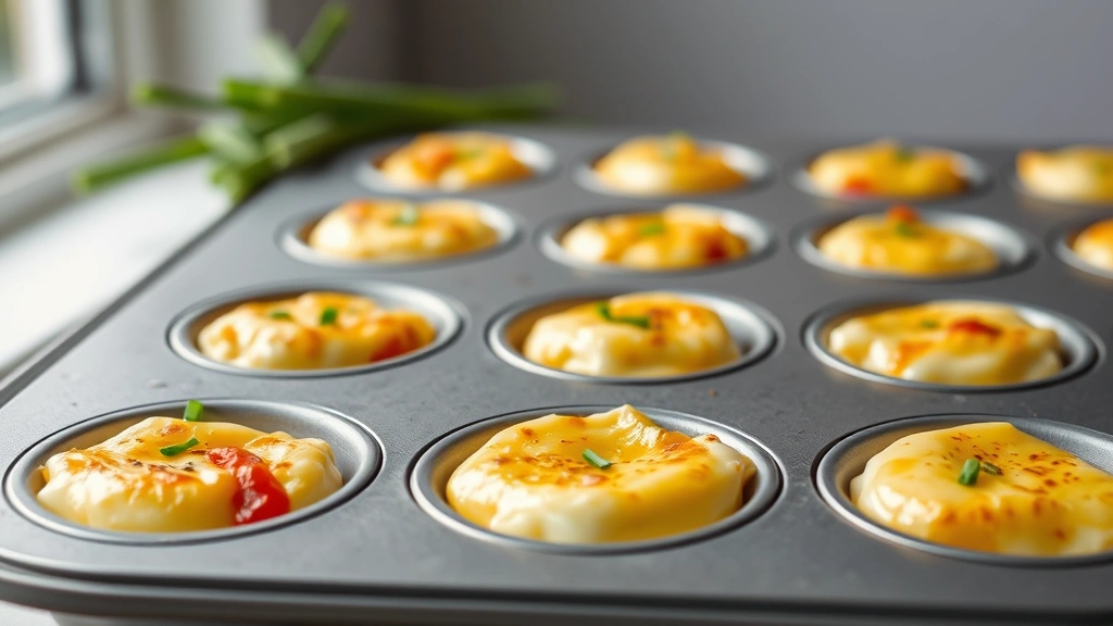 hero: golden-brown egg white bites in a muffin tin, fresh chives and roasted red peppers visible, creamy texture, natural window light, professional food photography, no text