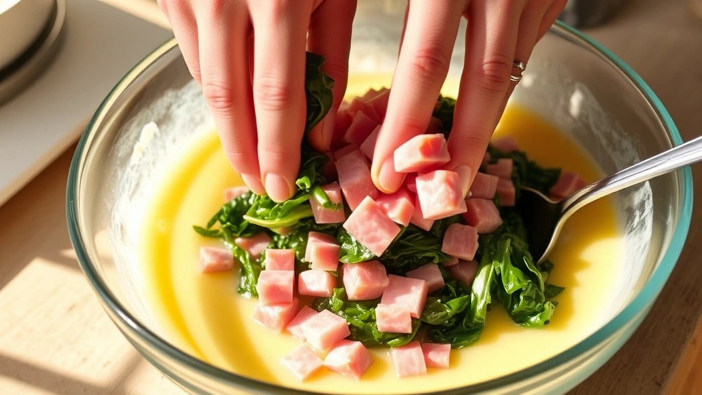 process: hands folding spinach and ham into egg white mixture in a bowl, mixing spoon, warm kitchen lighting, natural daylight, recipe in progress