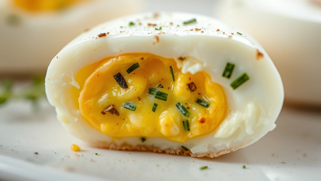 detail: close-up cross-section of single egg bite showing creamy interior with herbs and cheese, soft natural light, macro photography, no text