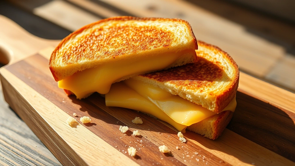 hero: perfectly golden grilled cheese sandwich cut diagonally with melted cheese visibly oozing, sitting on rustic wooden cutting board with fresh bread crumbs scattered around, warm afternoon sunlight creating shadows, no text or branding visible