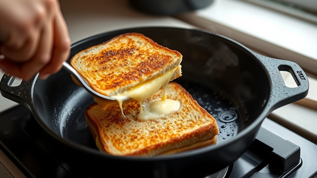process: hand using spatula to flip grilled cheese sandwich in cast iron skillet, butter sizzling, golden-brown exterior visible, steam rising, natural kitchen window light, close action shot without text