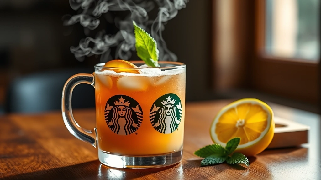 hero: steaming Starbucks Medicine Ball drink in clear glass mug, peach and amber colored liquid, steam rising, fresh lemon slice and mint leaf garnish, warm cozy lighting, wooden table surface, photorealistic, natural window light, no text or logos